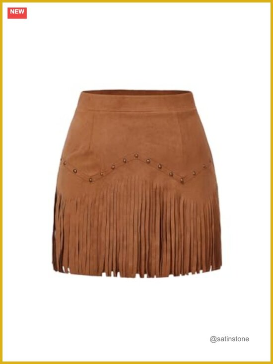 Dresses & Skirts - Faux Suede Fringe Rivet High Waisted Mini Skirt Western Hippie